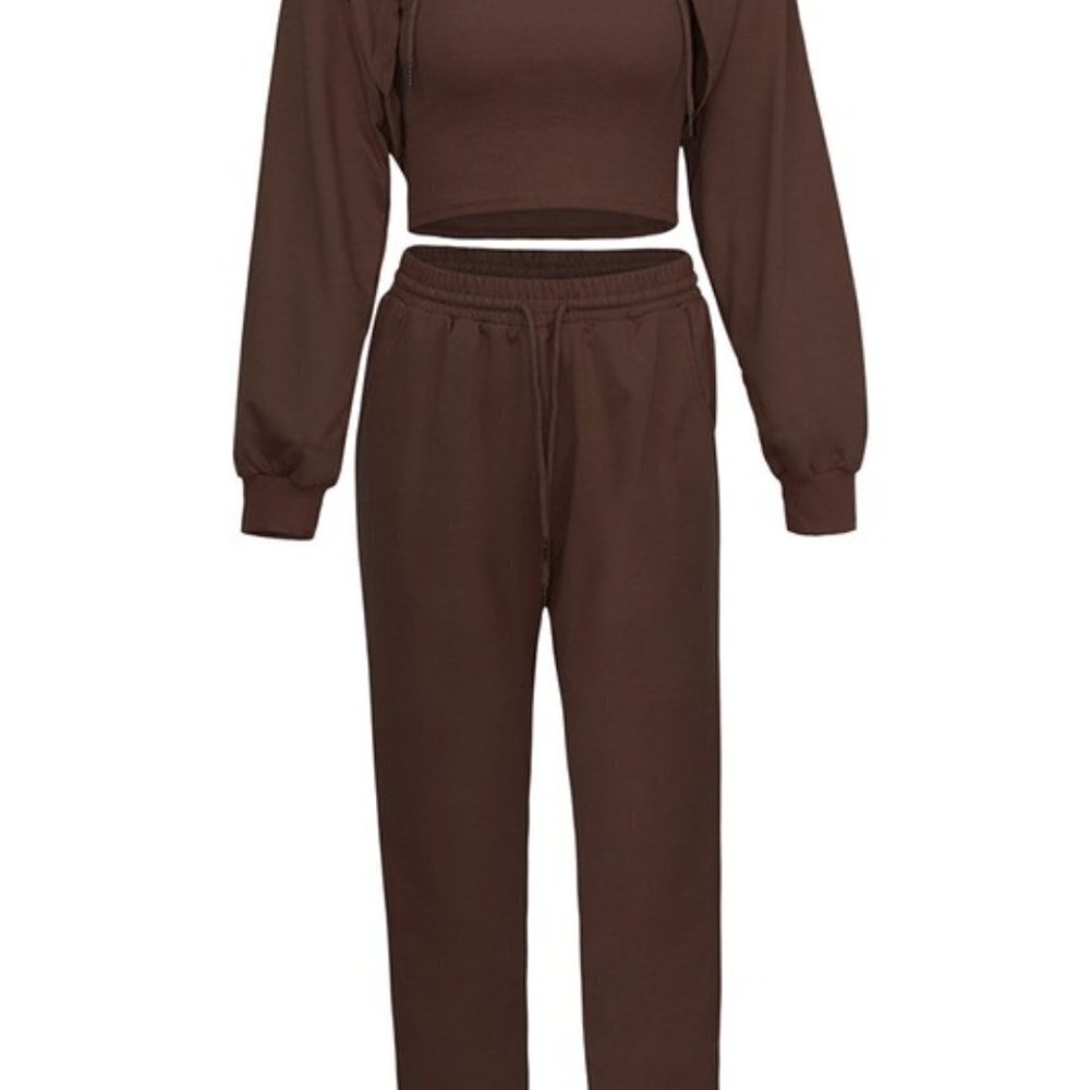 BROWN Super Cute Sexy Hoodie Loose Vest and Pants Set - Picture 3 of 3